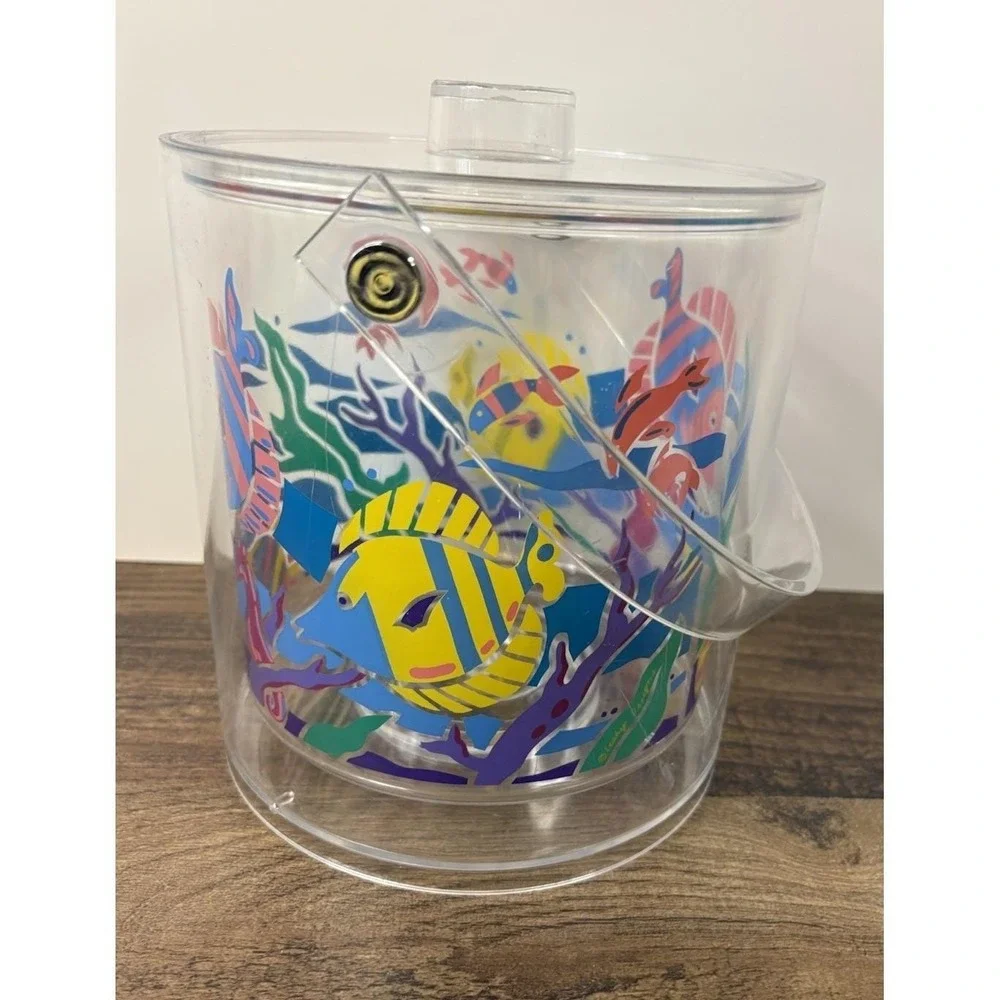 Vintage Lucite Acrylic Ocean Fish Themed Colorful Ice Bucket Tropical Pool Beach